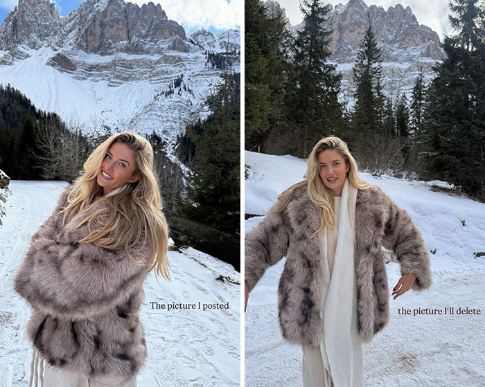 Alica Schmidt, a atleta mais sexy do mundo, posando ao ar livre com um casaco de inverno com montanhas nevadas e árvores ao fundo. Alica Schmidt, a atleta mais sexy do mundo, posando ao ar livre com um casaco de inverno com montanhas nevadas e árvores ao fundo.