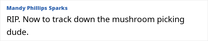 Comente o texto em fundo branco com o nome de usuário Mandy Phillips Sparks expressando RIP e rastreando uma pessoa que colhe cogumelos em uma discussão no fórum.