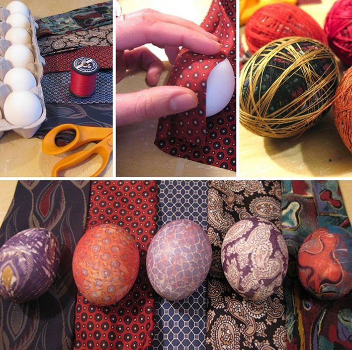 DIY Easter egg decorating process using fabric and thread to create creative patterned Easter eggs.