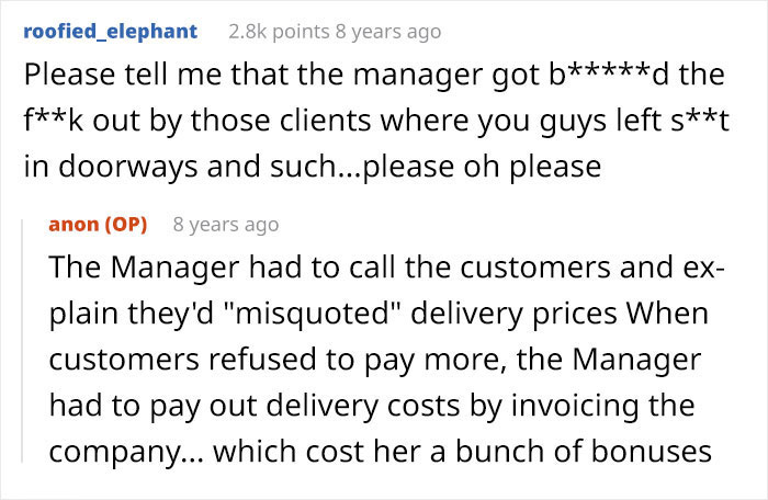 Screenshot of a Reddit thread where a user shares how an overworked and underpaid manager faced challenges with customers and delivery costs.