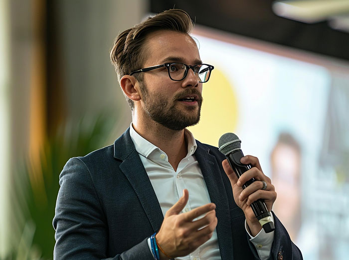 Man in glasses and suit speaking into microphone at company event celebrating staff with balloons and lunch