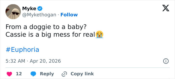 Tweet from user Myke discussing Euphoria season 3 backlash with mention of Sydney Sweeney and character Cassie.