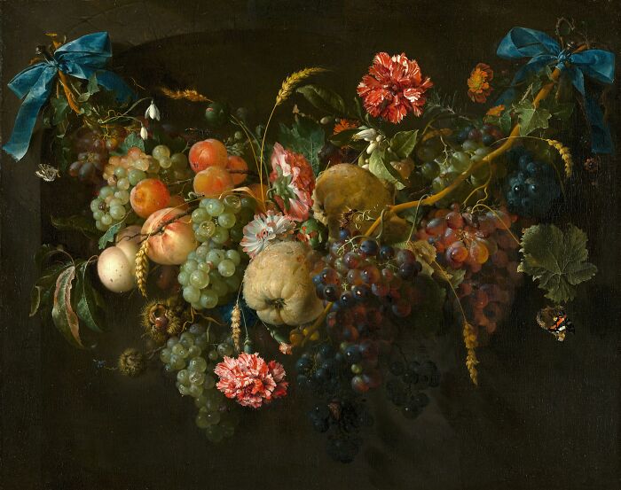 Still life painting of fruit and flowers arranged with detailed textures, highlighting jobs that AI can’t touch.