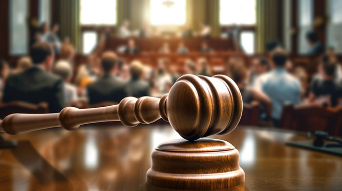 Wooden judge gavel in a courtroom setting, representing legal action in a woman running Tinder scams case.