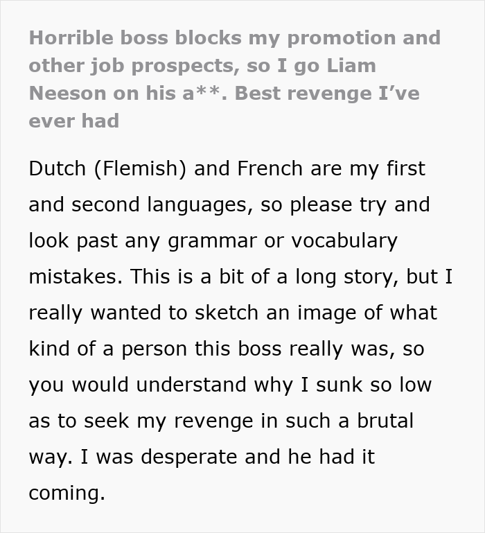 A story about a horrible boss and an employee's perfect revenge, detailed in a text snippet.