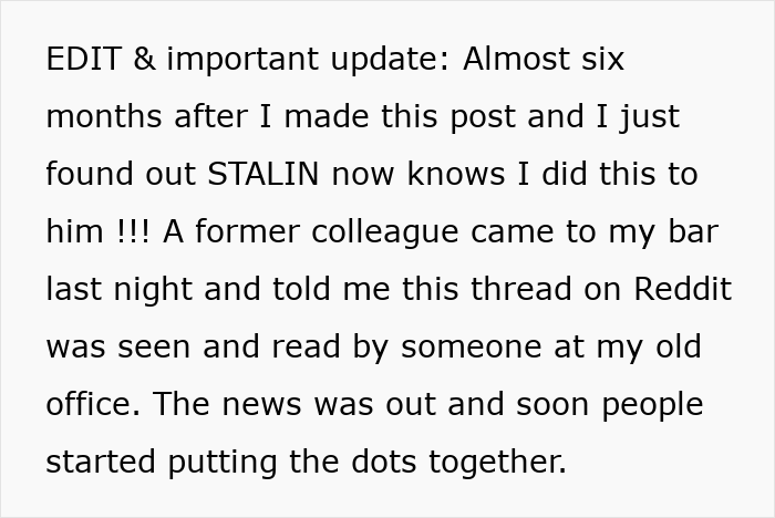 A Reddit post update discussing how a horrible boss found out about an employee's perfect revenge, stirring office gossip.