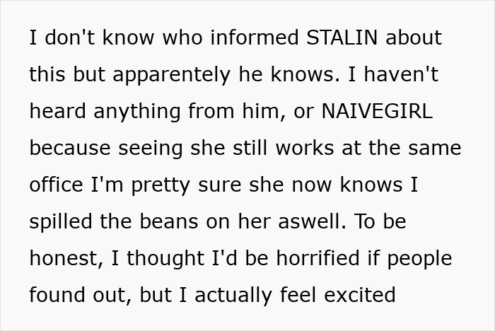 Screenshot of a text post about perfect revenge on a horrible boss. The speaker feels excited that their secrets are out.