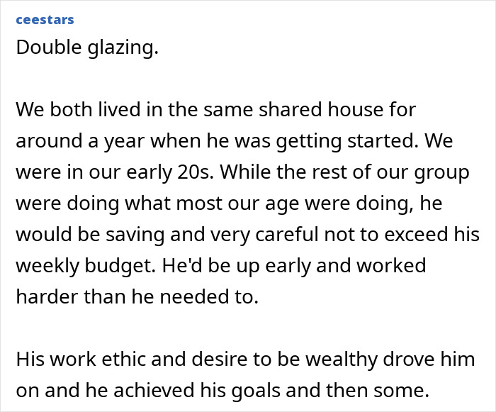 Work ethic and saving habits lead to wealth for a young man in shared housing