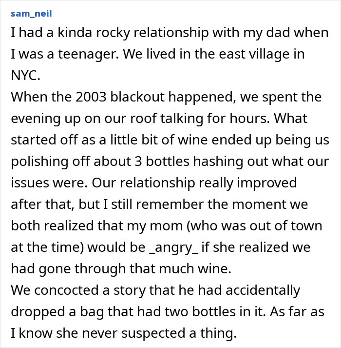 Text post sharing a dad and kid's secret bonding moment during a blackout, highlighting secrets dads and their kids keep.