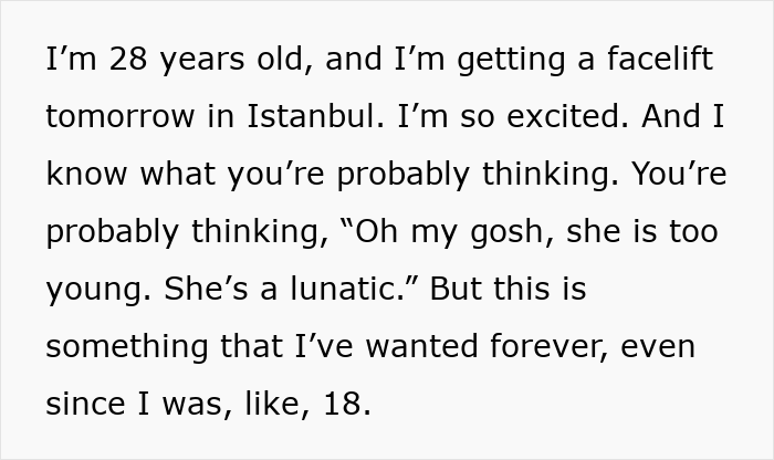 Text about a 28-year-old woman getting a facelift, sparking debate on society's new normal regarding plastic surgery.