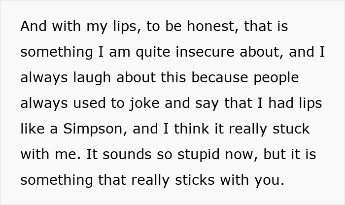 Text quote from the woman's Facelift debate, discussing insecurity about lips being compared to a Simpson.