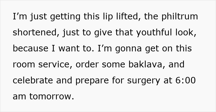 Text from a woman's post describing her upcoming facelift surgery, sparking a debate on society's new normal.