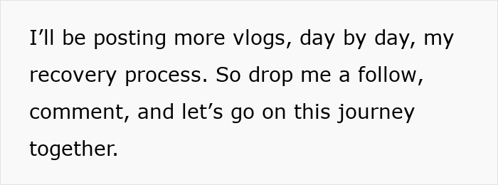 Text from a post stating, "I'll be posting more vlogs, day by day, my recovery process. So drop me a follow, comment, and let's go on this journey together." This relates to the facelift debate.
