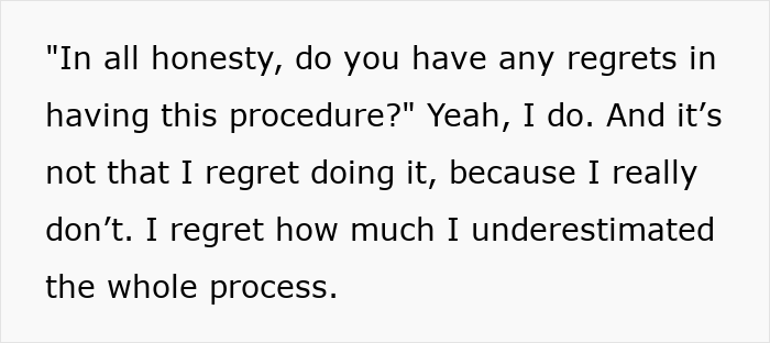 Text: “Do you have any regrets in having this procedure?” “Yeah, I do.” This relates to the facelift debate about society’s new normal.