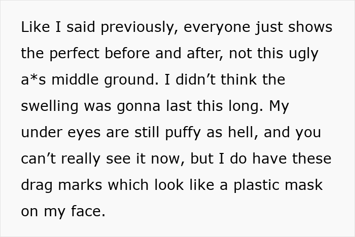 Text describing the difficult recovery from a facelift, questioning society's new normal and the debate around cosmetic surgery.