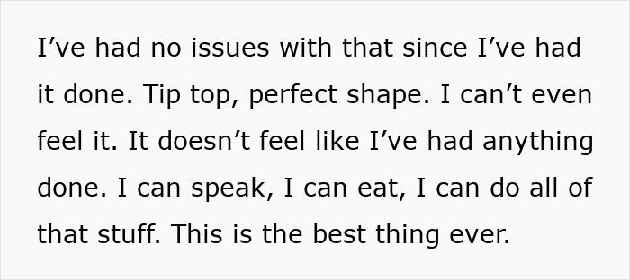 Text review, a direct quote from someone discussing their facelift results and society's new normal regarding cosmetic surgery.