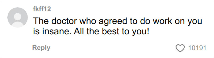 A social media comment reads: The doctor who agreed to do work on you is insane. All the best to you! It sparks a facelift debate.