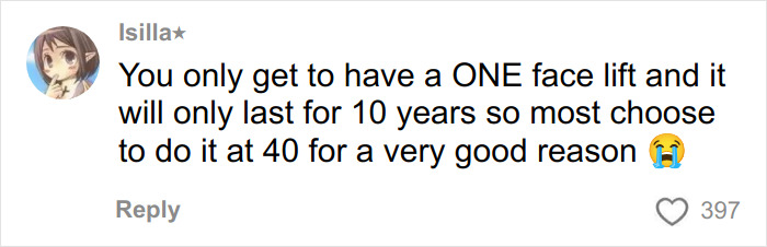 A comment from Isilla about facelift procedures, discussing society's new normal and the debate around age and cosmetic surgery.