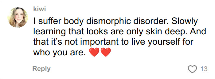 A comment from a user named Kiwi about suffering from body dysmorphic disorder, debating society's new normal regarding facelifts.