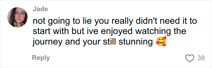 A comment from Jade saying a woman's facelift wasn't needed, but she's still stunning. Focuses on society's new normal.