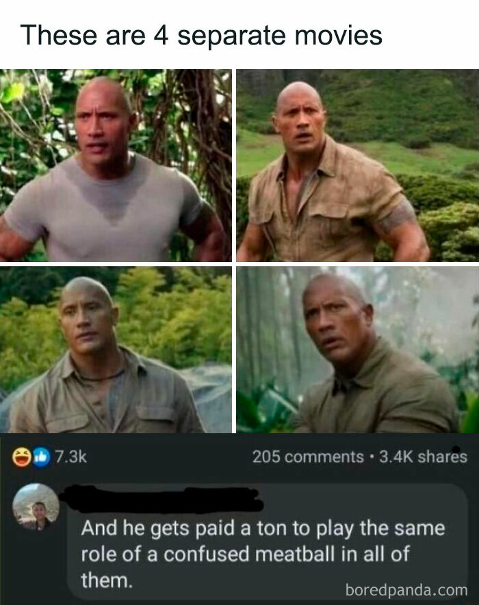 A meme of The Rock in four movie scenes, with a comment delivering a rare burn about his similar roles.