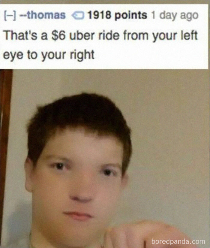A Reddit post with a picture of a young man, commenting on his wide-set eyes. This is one of those rare burns.