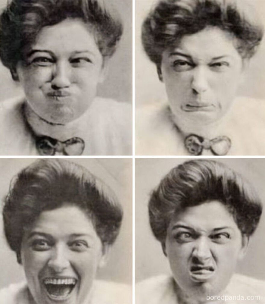 A fascinating photo from history, showing a woman making four distinct facial expressions: pouting, sad, laughing, and disgusted.