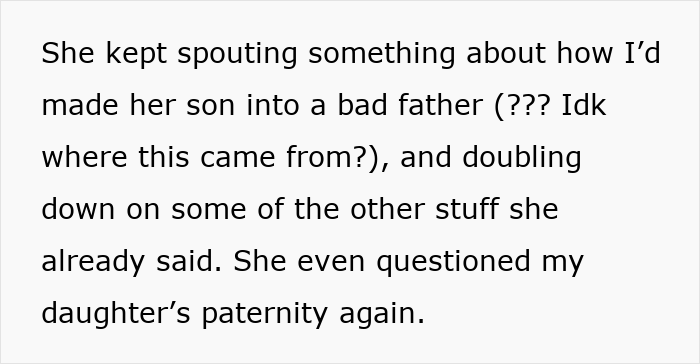 Text describing a MIL creating a messy fight at dinner, discussing paternity.