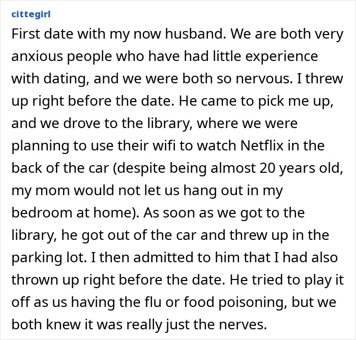 A white screenshot with text from Reddit about an embarrassing first date, leading to stomach problems for both, showcasing embarrassing moments.