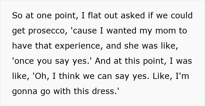 Text excerpt from a woman sharing her experience about choosing a wedding dress and refusing to tip.