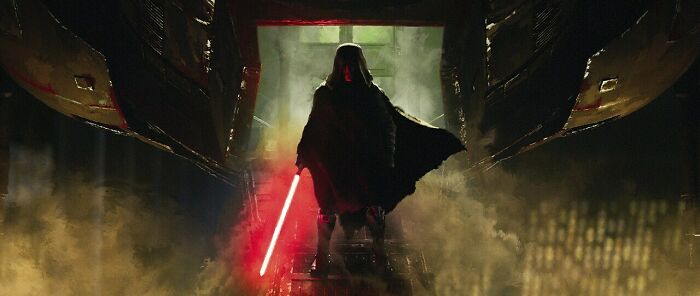 Silhouetted figure of Maul wielding a red lightsaber in a dark, smoky environment from Star Wars Maul Shadow Lord release.
