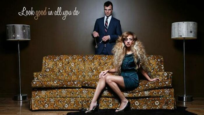 Man in suit and woman with big hair posing on vintage couch illustrating marketing fails and bad ideas concept.