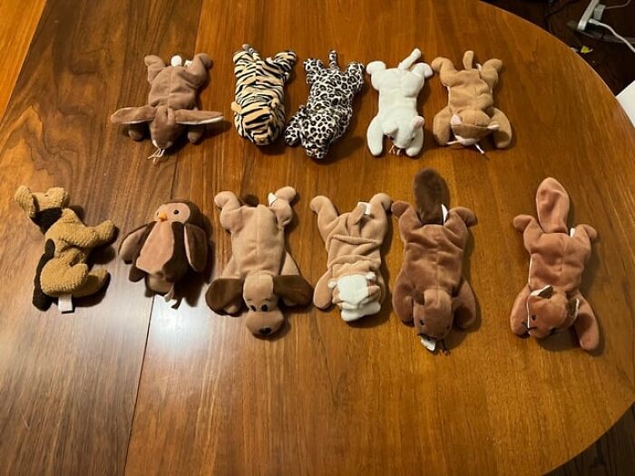 Collection of unusual stuffed animal items confiscated by TSA displayed on a wooden table.