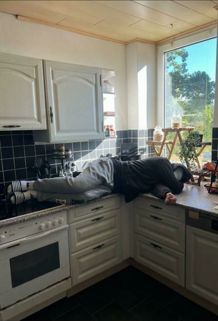 Person caught sleeping hilariously face down across kitchen counter and stove in an unhinged and unexpected way.