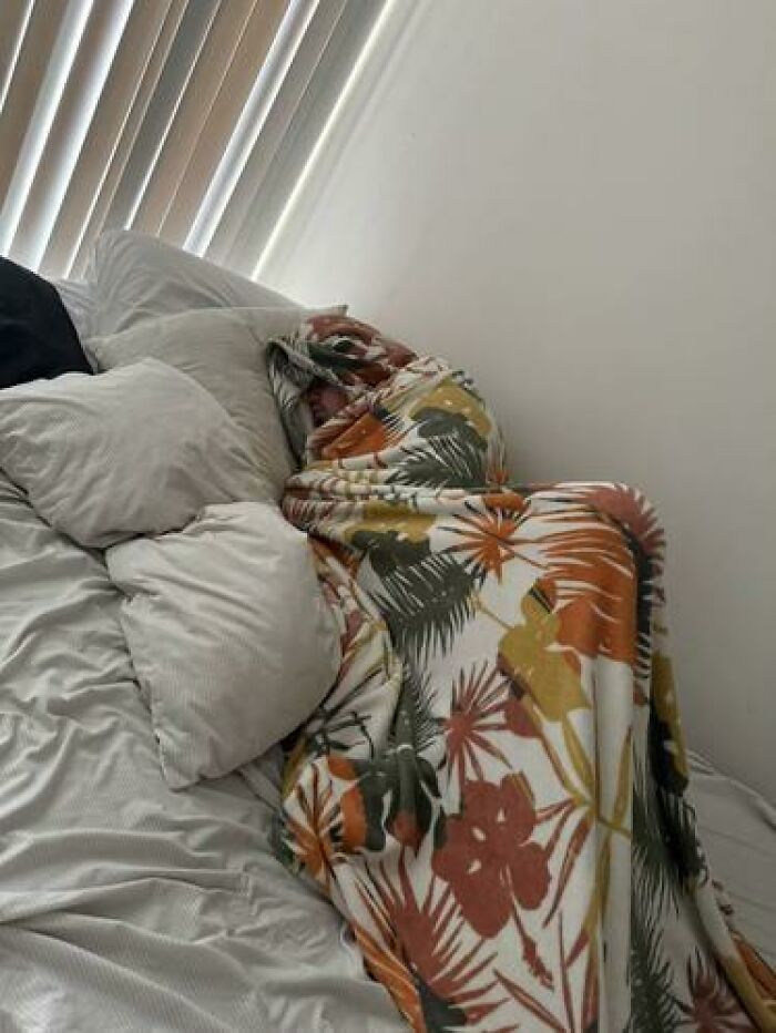 Person caught sleeping wrapped in a colorful blanket on a bed with white pillows, showcasing hilarious and unhinged sleeping ways.