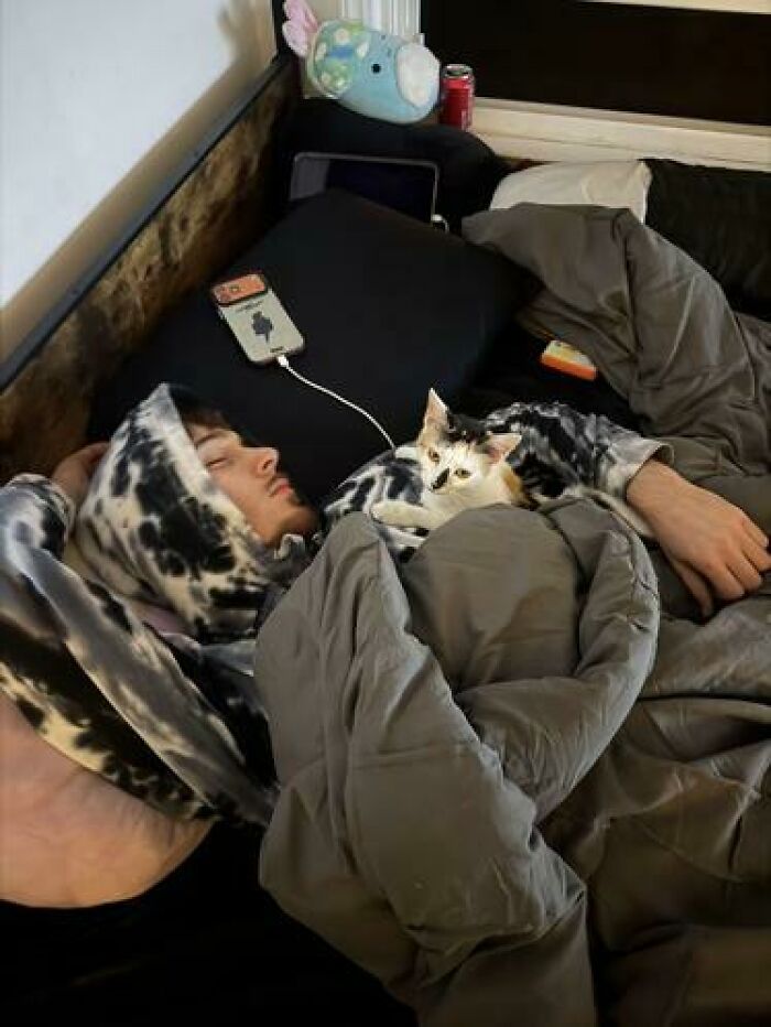 Person caught sleeping wearing a tie-dye hoodie with a cat lying on their chest under a gray blanket in a bed.