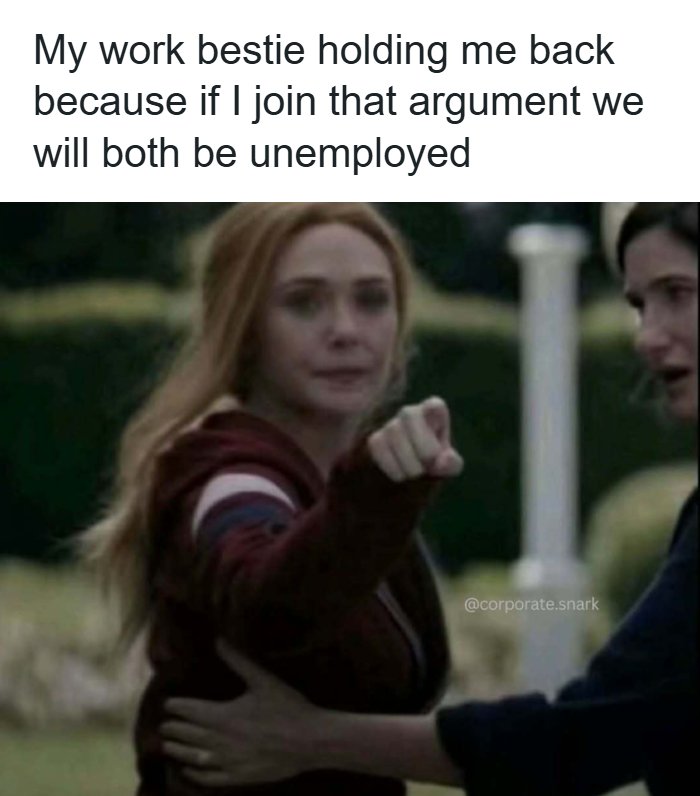 Work meme showing a colleague holding back another to avoid a risky argument at work, highlighting workplace survival.