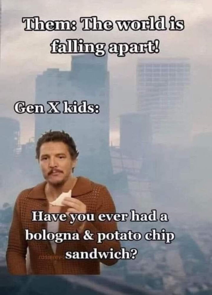 Gen X kid eating a bologna and potato chip sandwich meme representing funny memes for a relaxing evening.