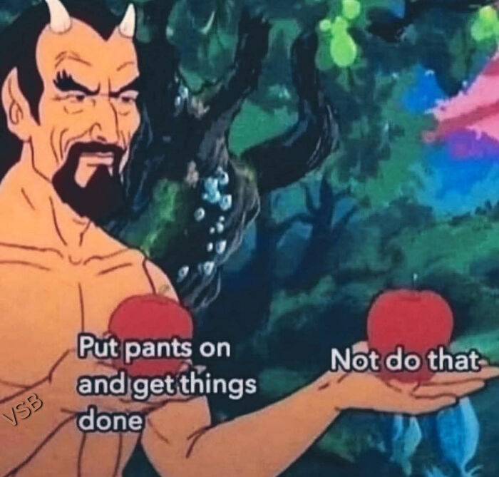 Cartoon man with horns holding two apples labeled with choices in a funny meme about motivation for a relaxing evening.