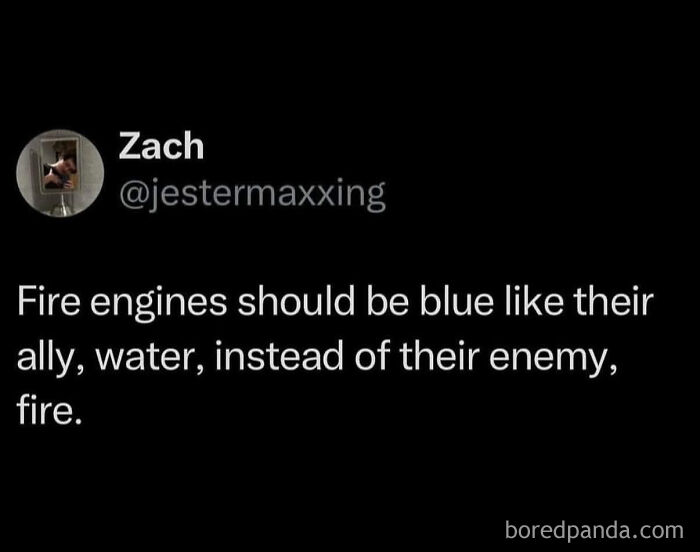 Funny meme about fire engines and water in a relaxing evening setting for sharing laughs and humor.