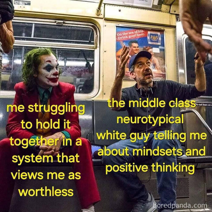 A funny meme showing Joker on a subway representing struggle, paired with a man symbolizing middle class mindset and positive thinking.