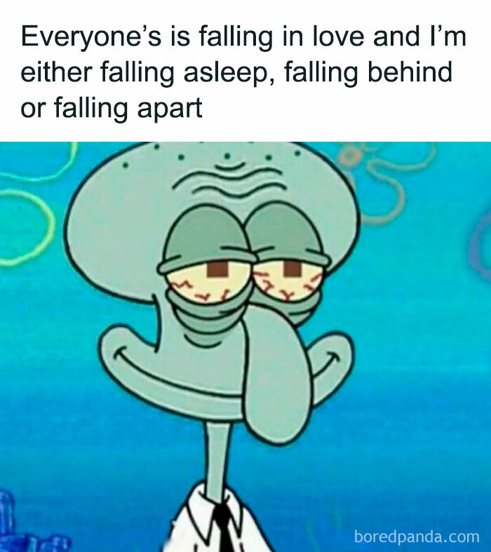 Squidward with tired eyes meme representing relatable meme scrolling humor for a little bit of daily chuckle.