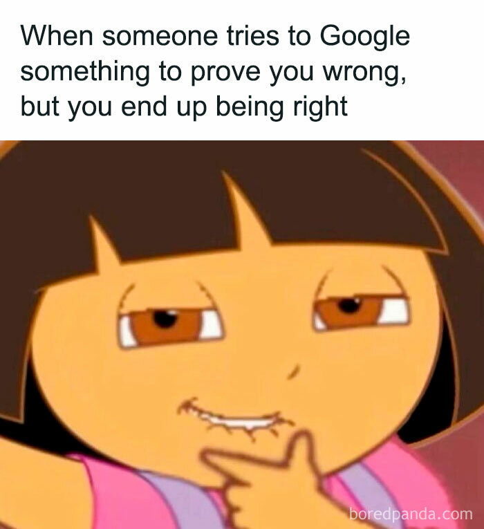 Meme showing a cartoon character smirking with text about proving someone wrong by Google search, related to meme scrolling.