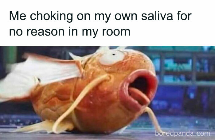 Meme of a fish choking on its own saliva, representing funny moments from meme scrolling for a quick chuckle.