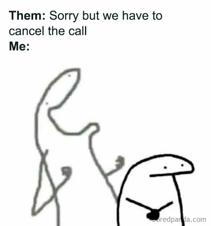 Meme showing a simple drawing of two figures reacting to a canceled call, humorous meme scrolling content.