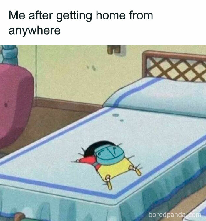 Cartoon character lying flat on bed after getting home, representing meme scrolling moments for a daily chuckle.