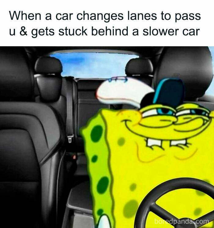 SpongeBob driving a car with a smug face, illustrating a meme about getting stuck behind a slower car in meme scrolling.
