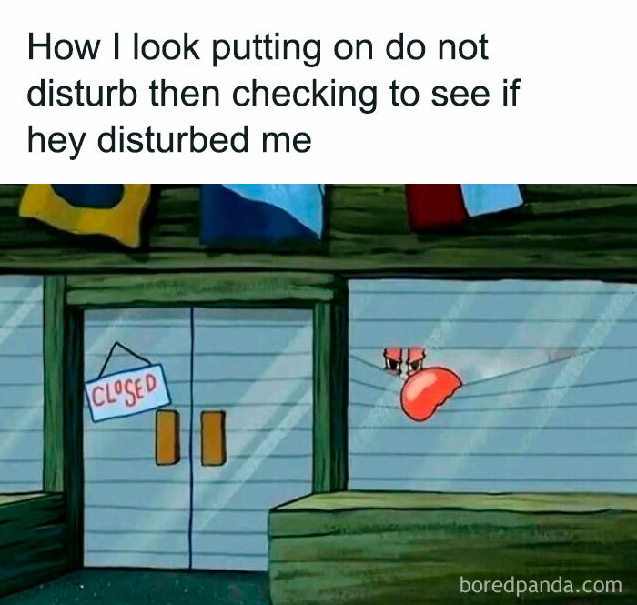 Meme showing a cartoon crab looking cautiously outside a closed door, humorously capturing meme scrolling moments.