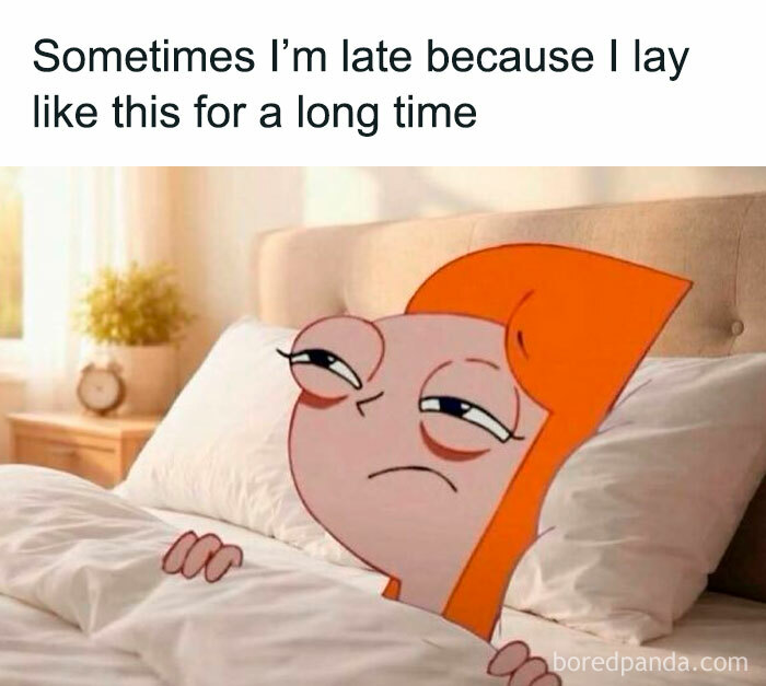 Cartoon character lying in bed looking tired, illustrating a meme about being late after long rest for meme scrolling.
