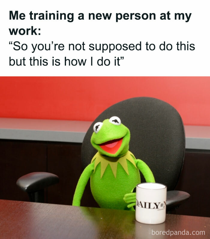 Meme showing Kermit the Frog training a new coworker, illustrating meme scrolling fun to give you a chuckle.